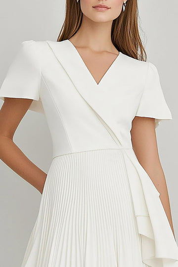 Ivory Pleated Satin Short Sleeves A Line Work Dress with Ruffles